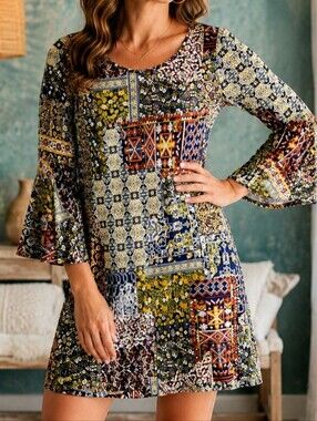 Haani Boho Patchwork Dress Womens M Blue Bell‎ Slit Sleeves Retro Hippie Indie
